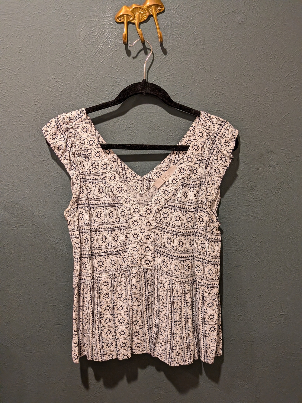 LOFT White and Blue Printed V-Neck Peplum Top